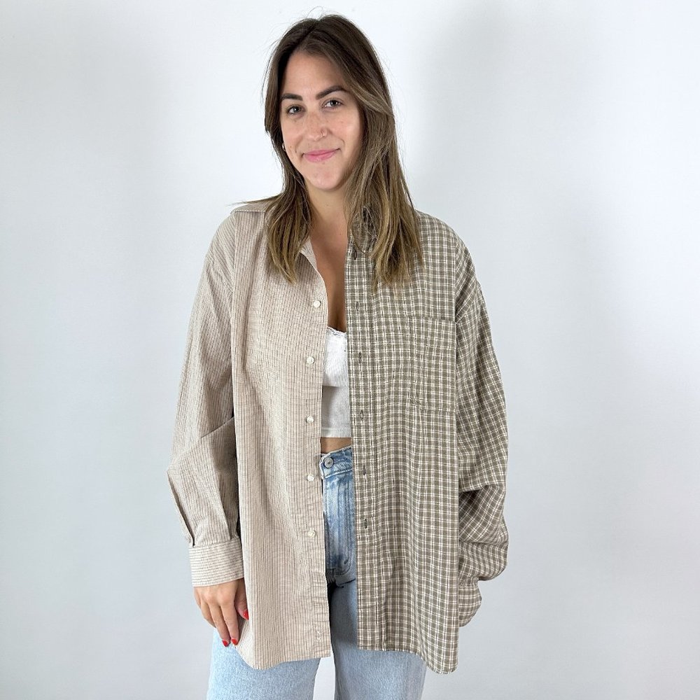 Tan and Green Plaid Half & Half Lounge Shirt